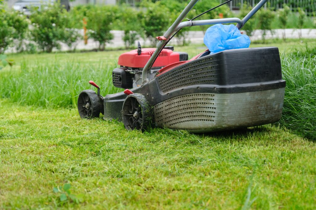 Lawn mower on grass, emphasizing maintenance services