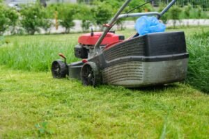 Lawn mower on grass, emphasizing maintenance services