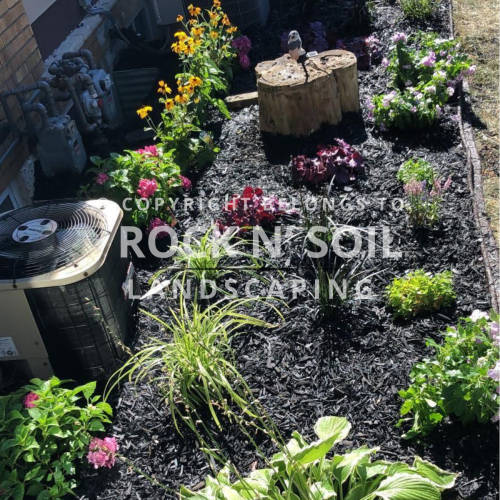Beautiful flowers and plants with black mulch in a newly installed flower bed, adjacent to a residential home